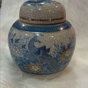 Elegant Blue and White Ceramic  Ginger Jar with Peacock Design Hand Painted